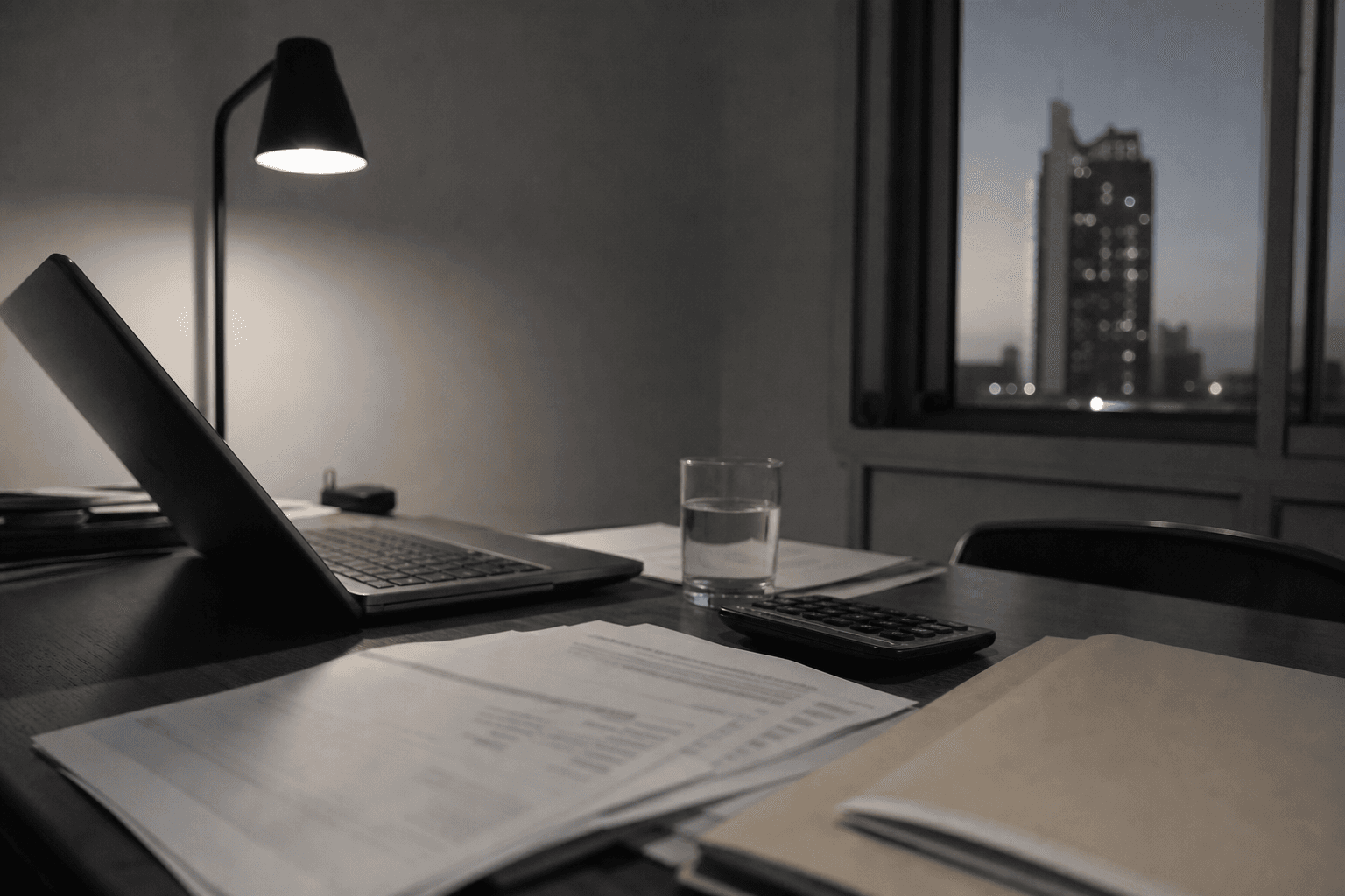 Bureau de consultant le soir, ordinateur portable, calculatrice et dossier d’appel d’offres en préparation